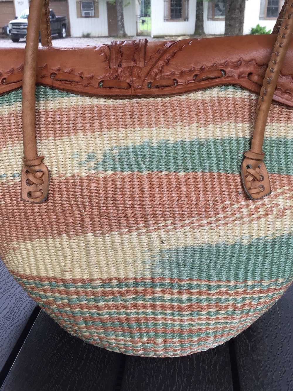 Made in Kenya Woven From Sisal Fibre Tote with Leather Trim - Tan & Green Coral - Picture 5 of 16